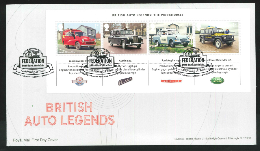 2013 - British Auto Legends Miniature Sheet First Day Cover, Wallingford/ Historic Vehicle Clubs Postmark - Click Image to Close