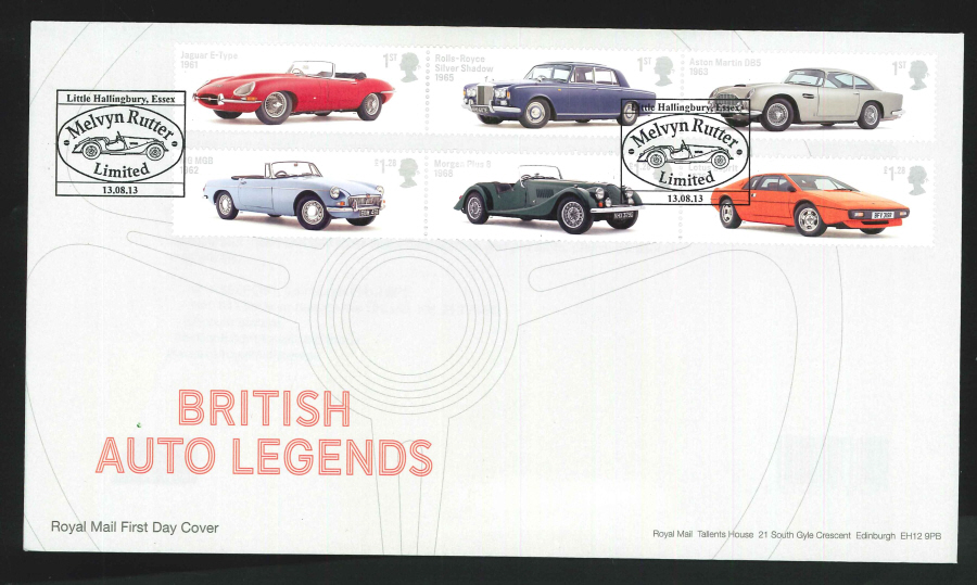 2013 - British Auto Legends Set First Day Cover, Melvyn Rutter / Little Hallingbury Postmark
