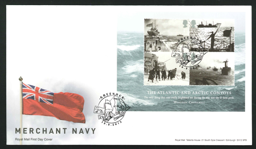 2013 - Merchant Navy Minisheet First Day Cover, Greenock Postmark