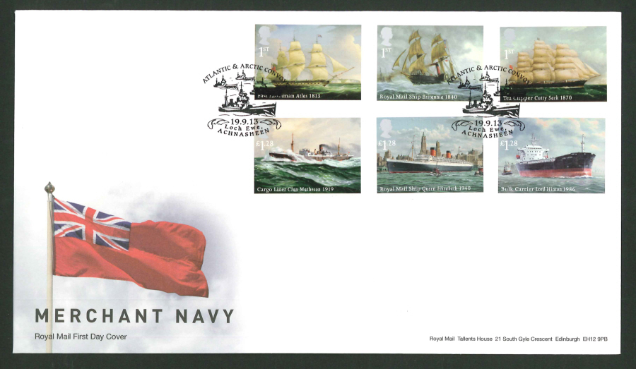 2013 - Merchant Navy Set First Day Cover, Atlantic & Arctic Convoy / Loch Ewe Postmark
