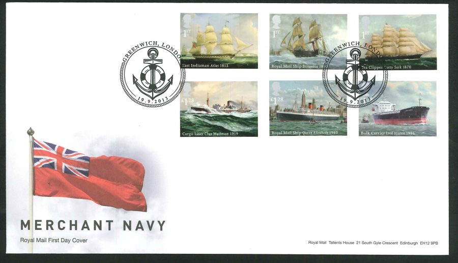 2013 - Merchant Navy Set First Day Cover, Greenwich London Postmark