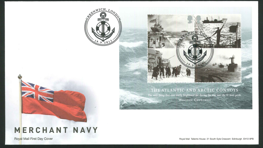 2013 - Merchant Navy Minisheet First Day Cover, Greenwich, London Postmark