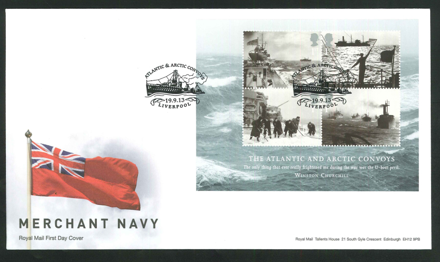 2013 - Merchant Navy Minisheet First Day Cover, Arctic & Atlantic Convoys / Liverpool Postmark - Click Image to Close