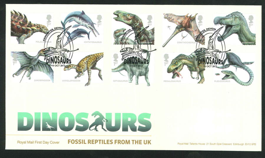 2013 - Dinosaurs Set First Day Cover, Axminster, Devon Postmark - Click Image to Close