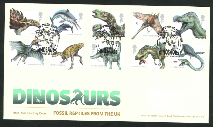 2013 - Dinosaurs Set First Day Cover, Cromwell Road, London Postmark