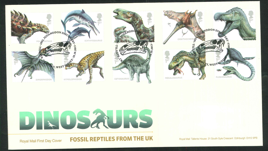 2013 - Dinosaurs Set First Day Cover, Iguanodon Discovery / Crawley, West Sussex Postmark - Click Image to Close