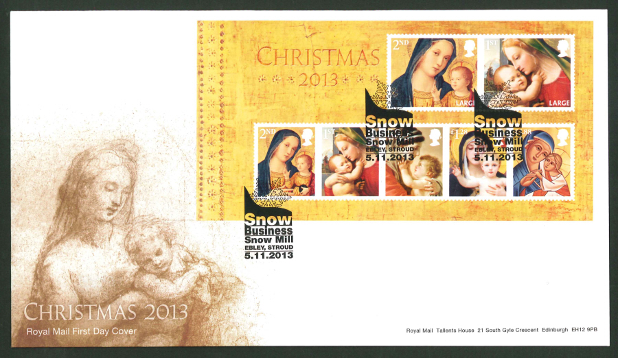 2013 - Christmas 2013 Minisheet First Day Cover, Snow Business Snow Mill, Ebley, Stroud Postmark - Click Image to Close