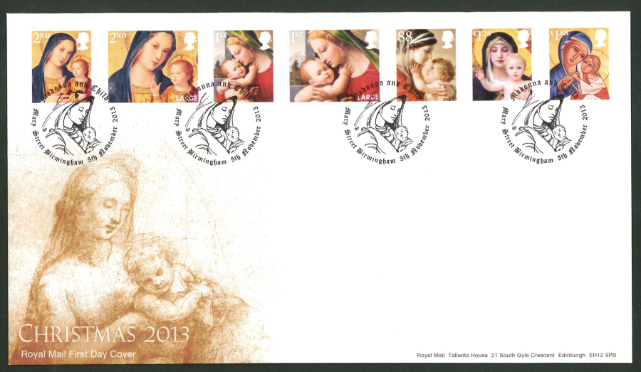 2013 - Christmas 2013 Set First Day Cover, Madonna and Child / Mary Street Birmingham Postmark - Click Image to Close