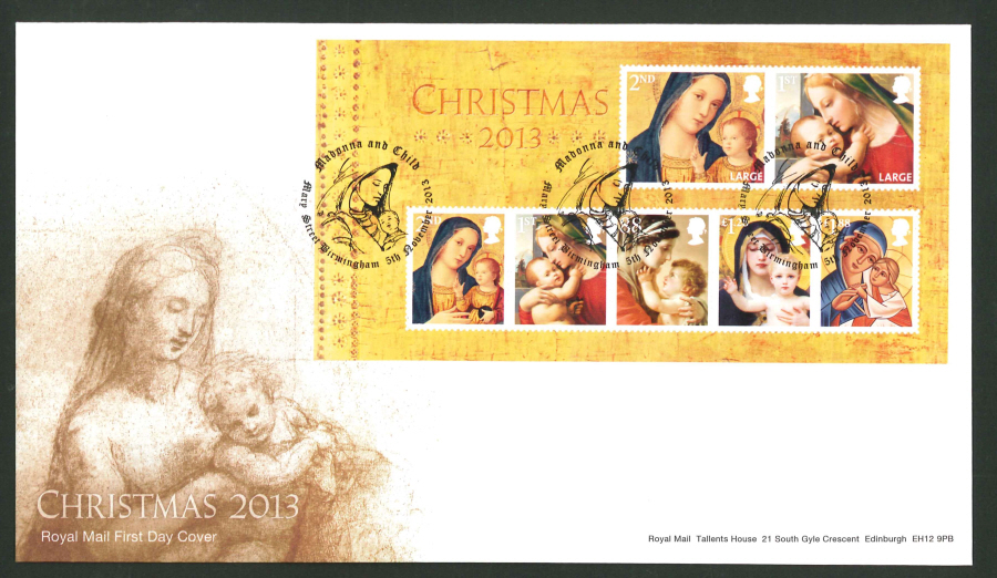 2013 - Christmas 2013 Minisheet First Day Cover, Madonna and Child / Mary St Birmingham Postmark - Click Image to Close