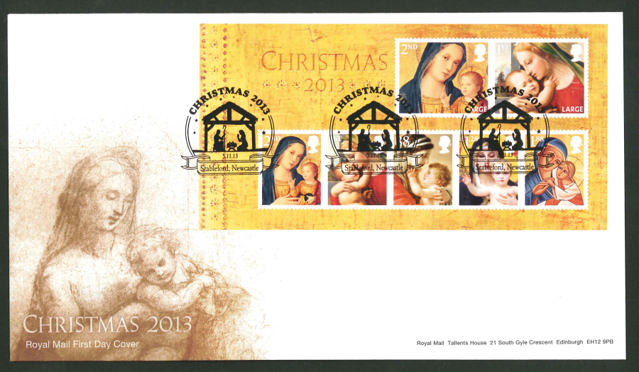2013 - Christmas 2013 Minisheet First Day Cover, Stableford, Newcastle Postmark