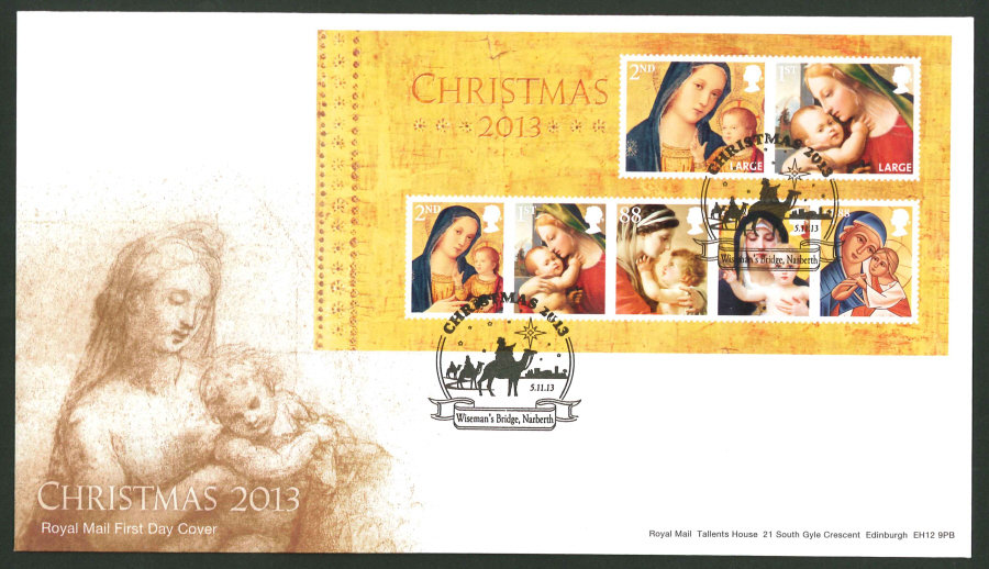 2013 - Christmas 2013 Minisheet First Day Cover, Wiseman's Bridge Narberth Postmark - Click Image to Close