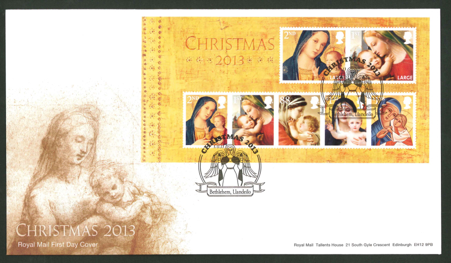2013 - Christmas 2013 Minisheet First Day Cover, Angel / Bethlehem Llandeilo Postmark