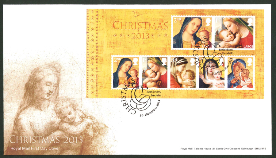 2013 - Christmas 2013 Minisheet First Day Cover, Mary / Bethlehem Llandeilo Postmark - Click Image to Close