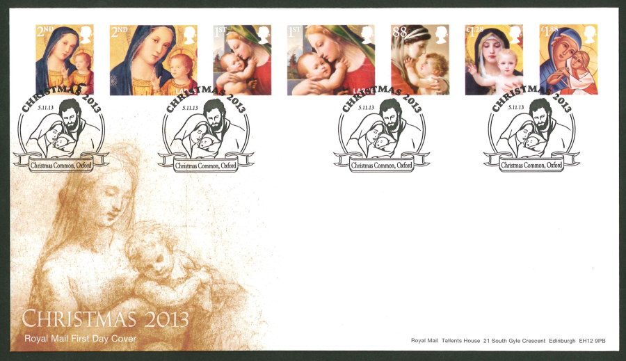 2013 - Christmas 2013 Set First Day Cover, Christmas Common Oxford Postmark - Click Image to Close