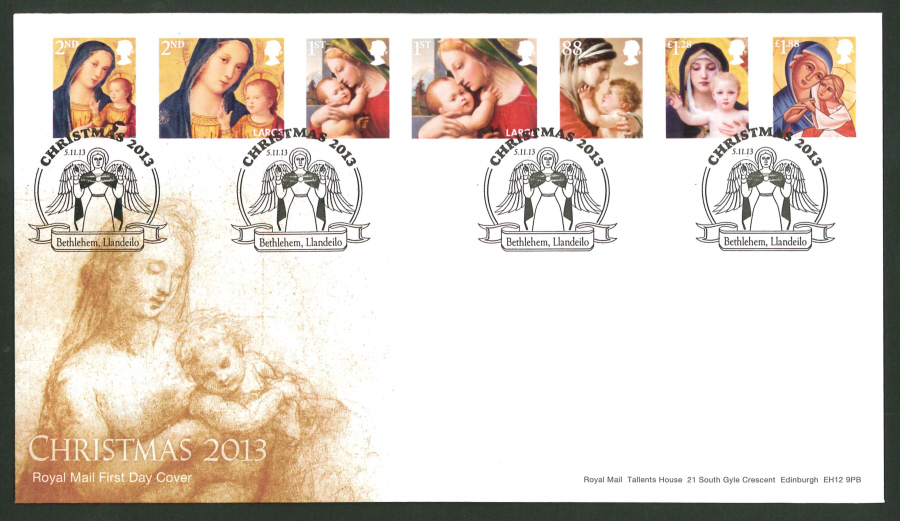 2013 - Christmas 2013 Set First Day Cover, Angel / Bethlehem Llandeilo Postmark - Click Image to Close