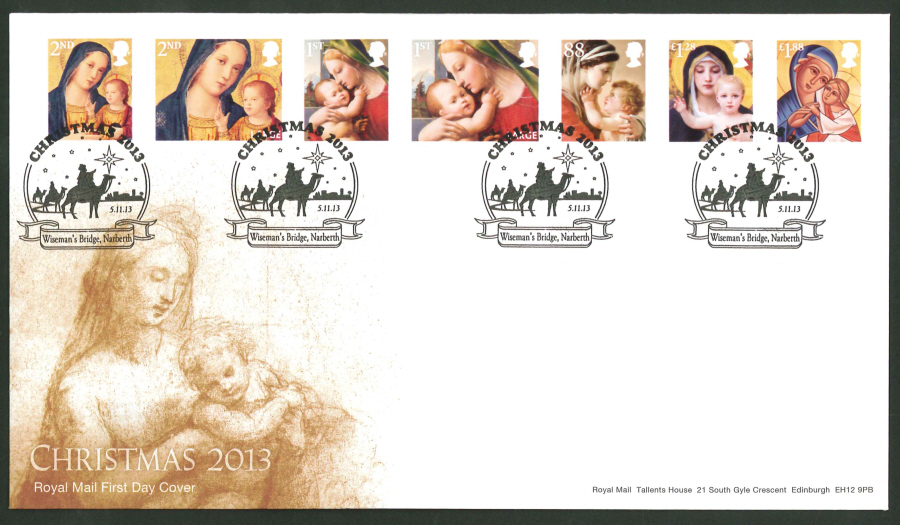 2013 - Christmas 2013 Set First Day Cover, Wiseman's Bridge Narberth Postmark - Click Image to Close