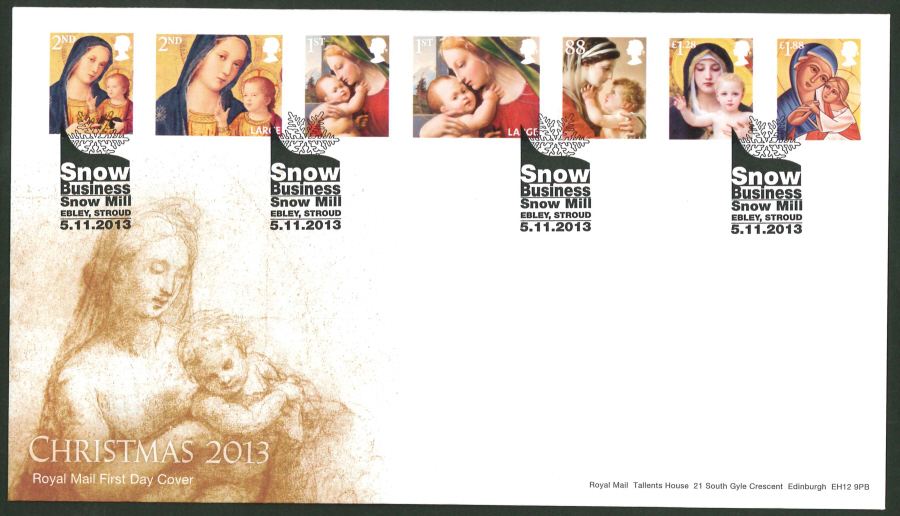 2013 - Christmas 2013 Set First Day Cover, Snow Business Snow Mill / Ebley, Stroud Postmark