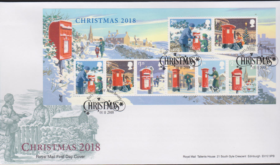 2018 FDC - Christmas Mini Sheet - Bury Greater Manchester Postmark