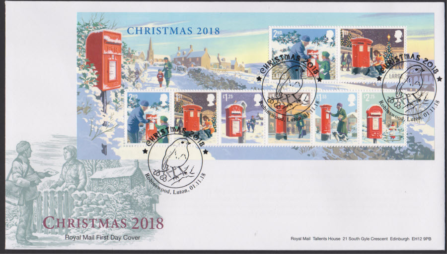 2018 FDC - Christmas Mini Sheet - Robinswood, Luton Postmark