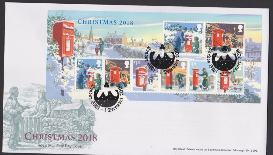 2018 FDC - Christmas Mini Sheet - London SW1 ( Pudding ) Postmark