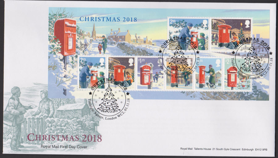 2018 FDC - Christmas Mini Sheet - Trafalgar Sq London WC2 Postmark