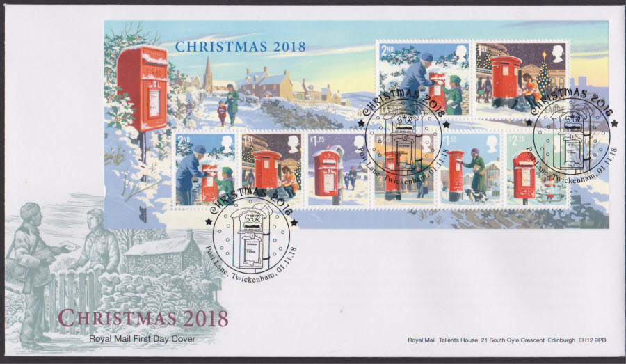 2018 FDC -Cotswold Christmas Mini Sheet - Post Lane, Twickenham Postmark