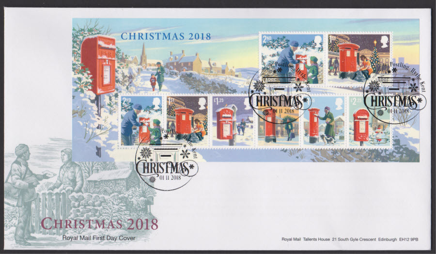 2018 FDC - Christmas Mini Sheet - Postling,Hythe Kent Postmark