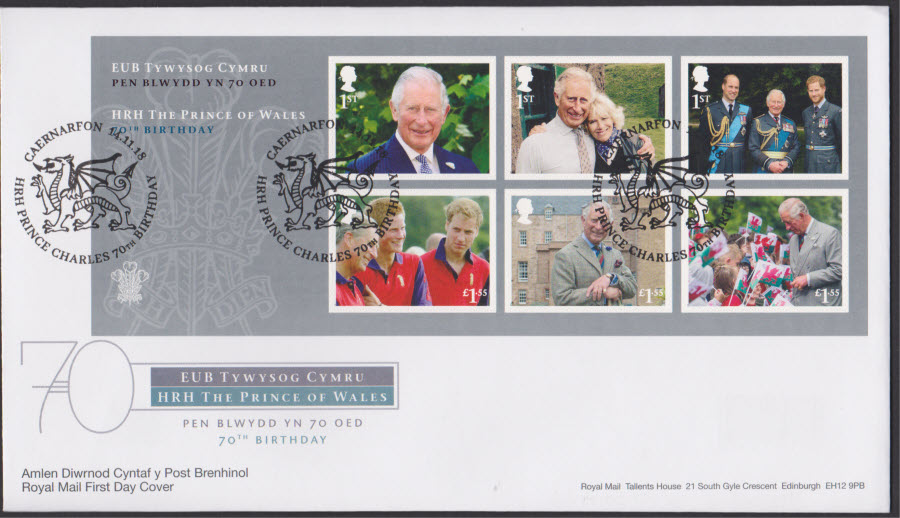 2018 FDC - Prince of Wales Mini Sheet - Caernarfon Charles 70th Postmark