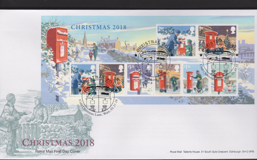 2018 FDC - Christmas Mini Sheet - Cold Christmas Lane,Ware Postmark