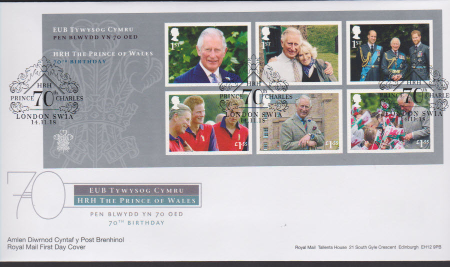 2018 FDC - Prince of Wales Mini Sheet - London SW1a 70th Postmark