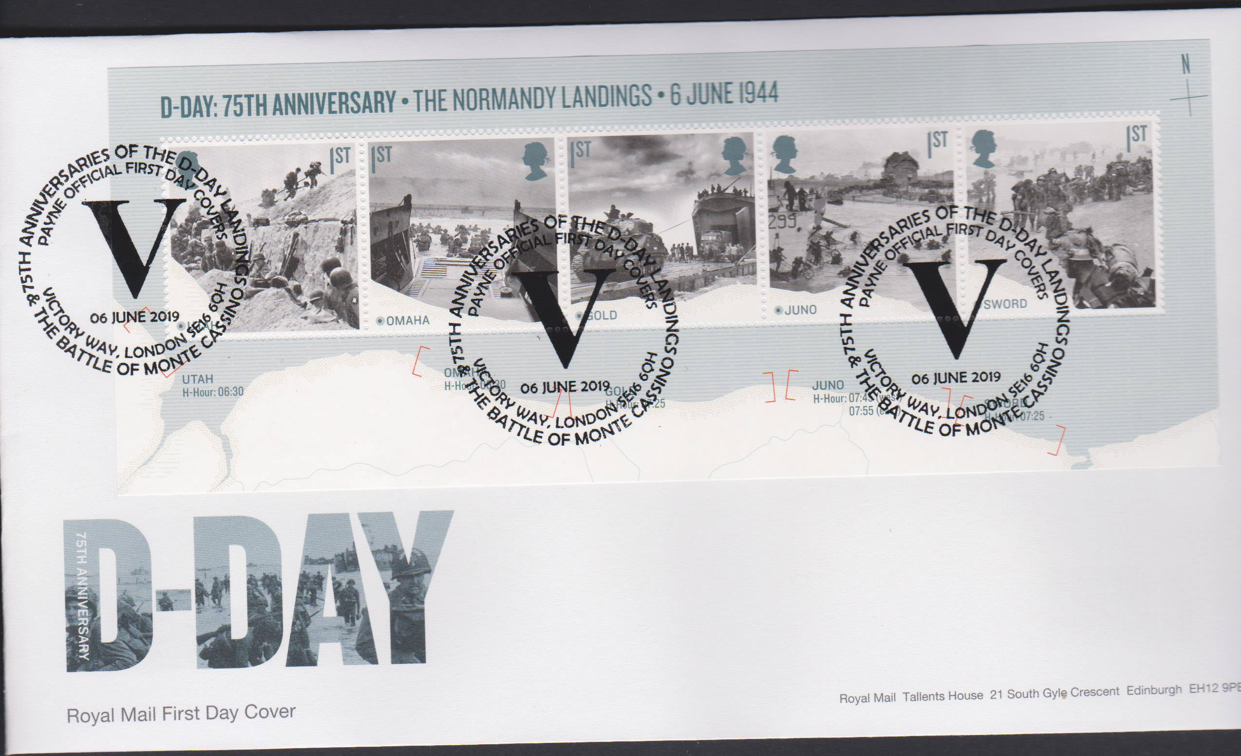 2019 FDC -D Day Mini Sheet FDC Victory Way London SE16 Postmark