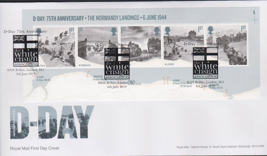 2019 FDC -D Day Mini Sheet FDC White Ensign Assn London SE1 Postmark