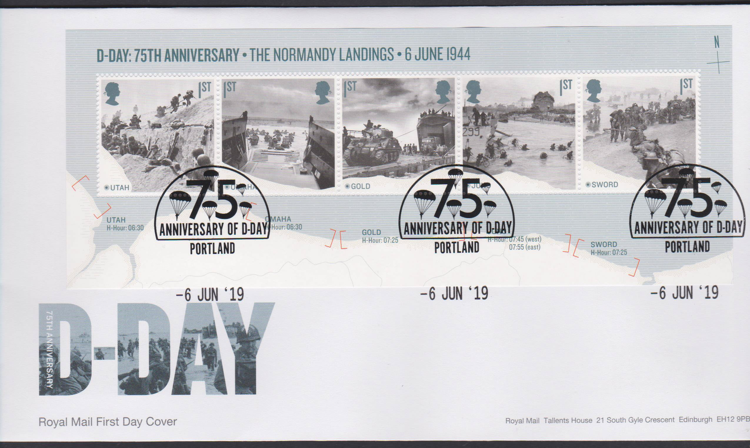 2019 FDC -D Day Mini Sheet FDC Portland Postmark