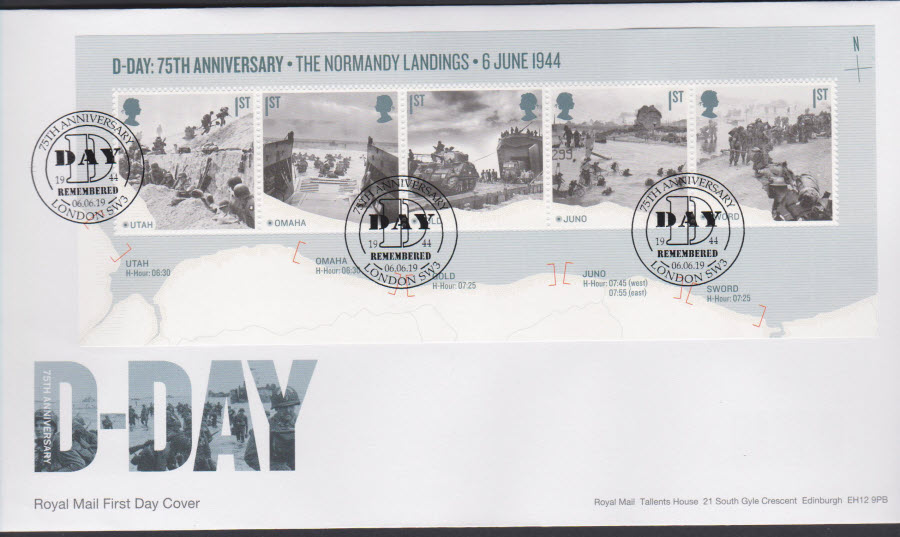 2019 FDC -D Day Mini Sheet FDC Remembered London SE3 Postmark