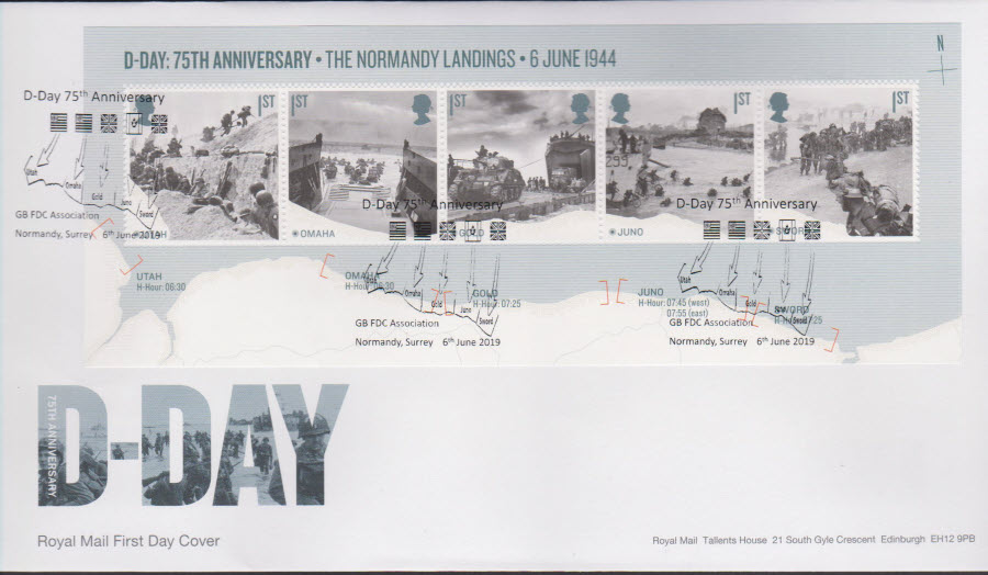 2019 FDC -D Day Mini Sheet FDC GBFDC Assn Normandy Surrey Postmark