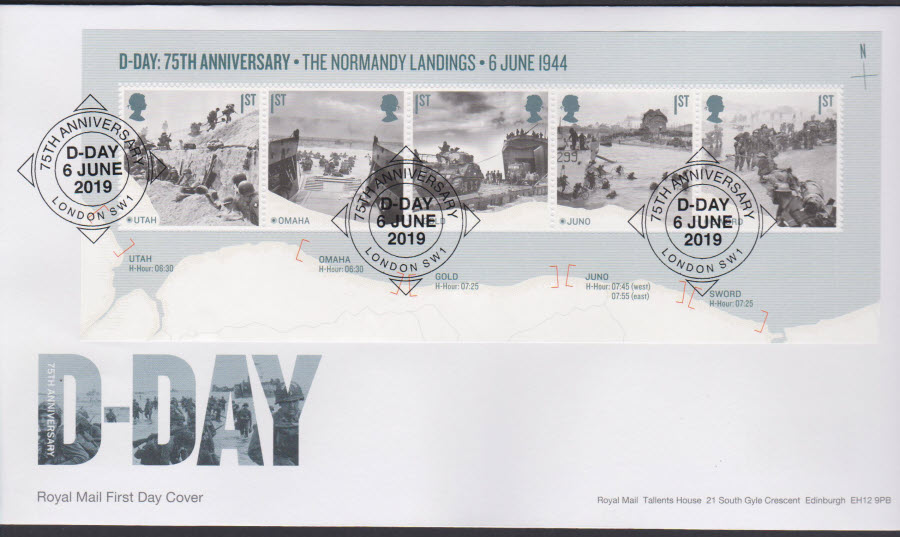 2019 FDC -D Day Mini Sheet London SW1 FDC Postmark