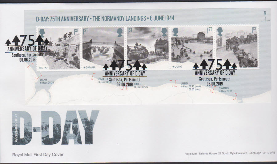 2019 FDC -D Day Mini Sheet FDC Southsea Portsmouth Postmark