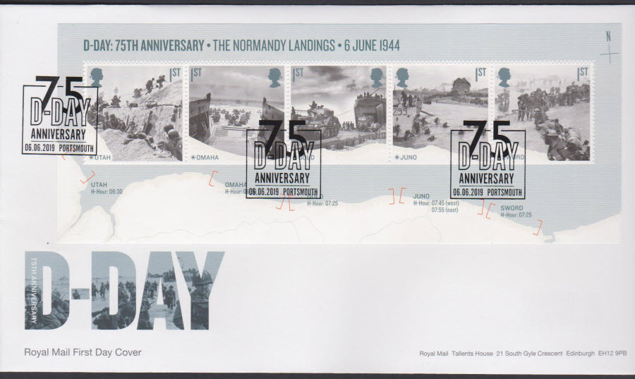 2019 FDC -D Day Mini Sheet FDC 75 Anniv Portsmouth Postmark