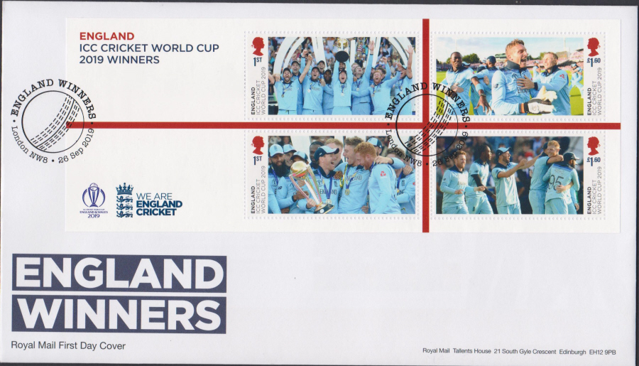 2019 MS FDC England Winners (ICC Cricket) - London NW8 (Ball) Pmk - Post Free Postmark