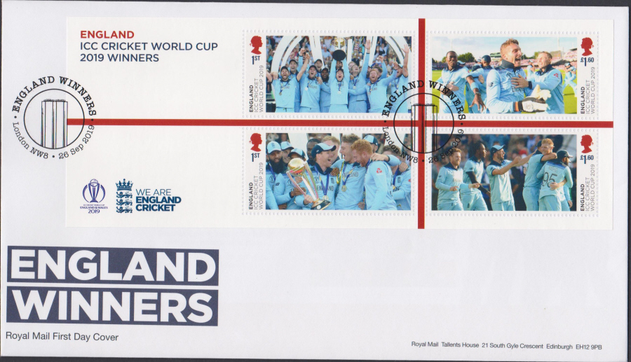 2019-MS-FDC-England-Winners-ICC-Cricket-London-NW8-Wickets-Pmk-Post-Free Postmark