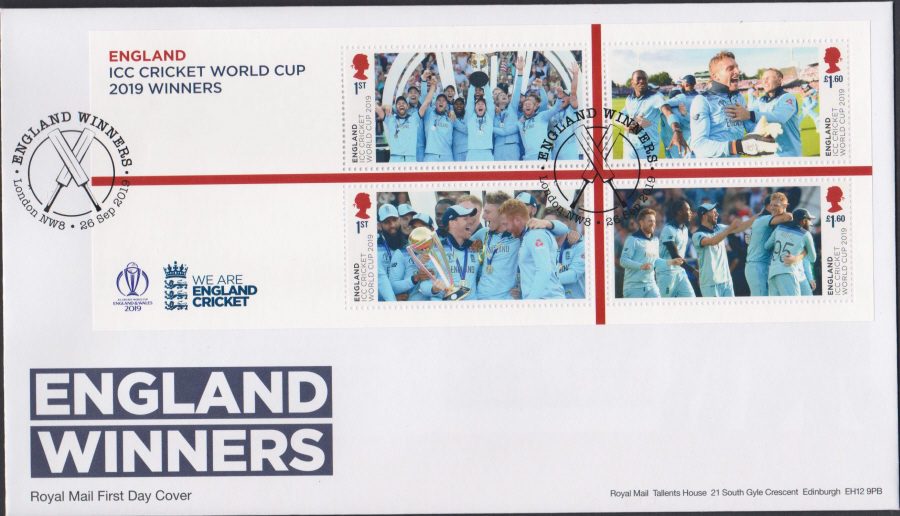2019 MS FDC England Winners (ICC Cricket) - London NW8 (Bats) Post Free Postmark