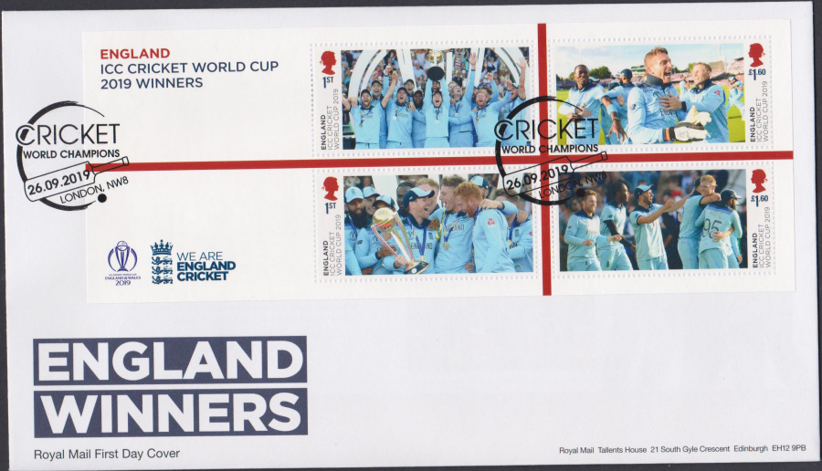 2019 MS FDC England Winners (ICC Cricket) - London NW8 (Bat) - Post Free Postmark