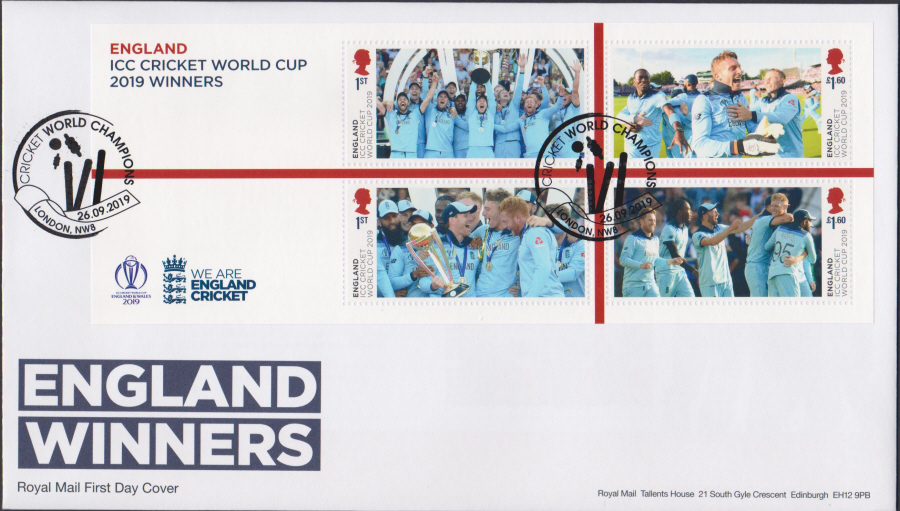 2019 MS FDC England Winners (ICC Cricket) - London NW8 (Stumps) Pmk - Post Free Postmark