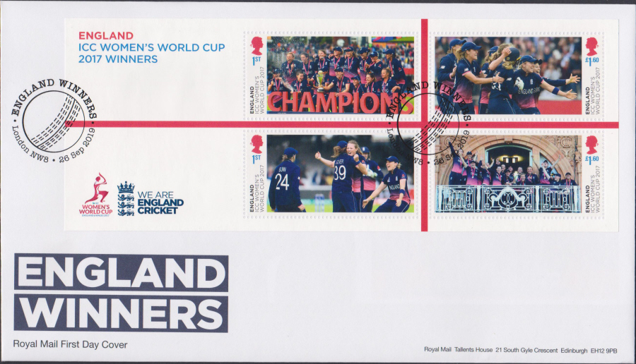 2019 MS FDC England Winners (ICC Womens Cricket) - London (Ball) - Post Free Postmark