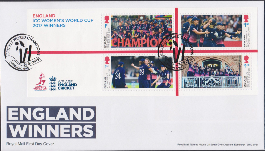 2019 Cotswold FDC MS FDC England Winners COTSWOLD (ICC Womens Cricket) - NW8 (Stumps) - Post Free Postmark
