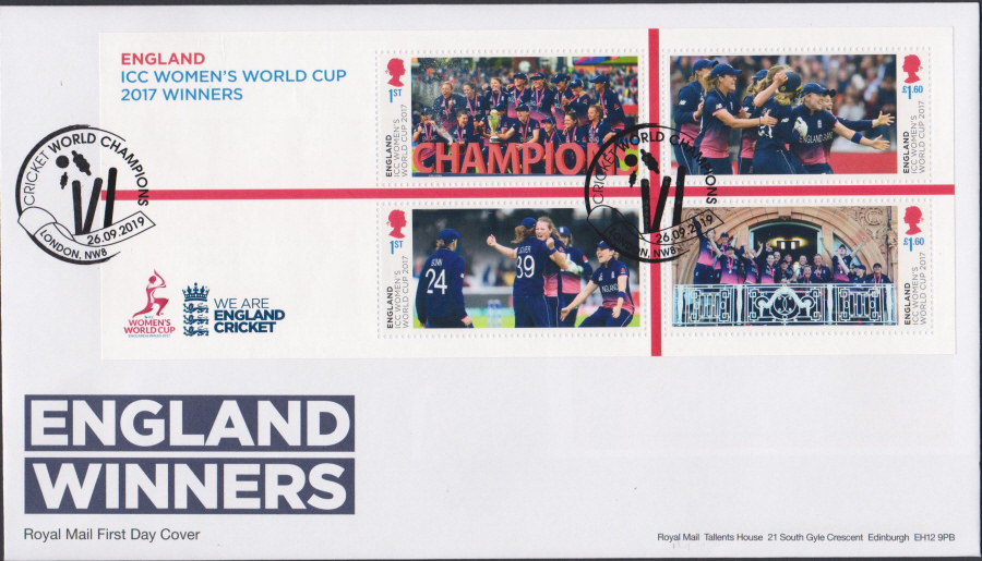 2019 Cotswold FDC MS FDC England Winners COTSWOLD (ICC Womens Cricket) - NW8 (Stumps) - Post Free Postmark