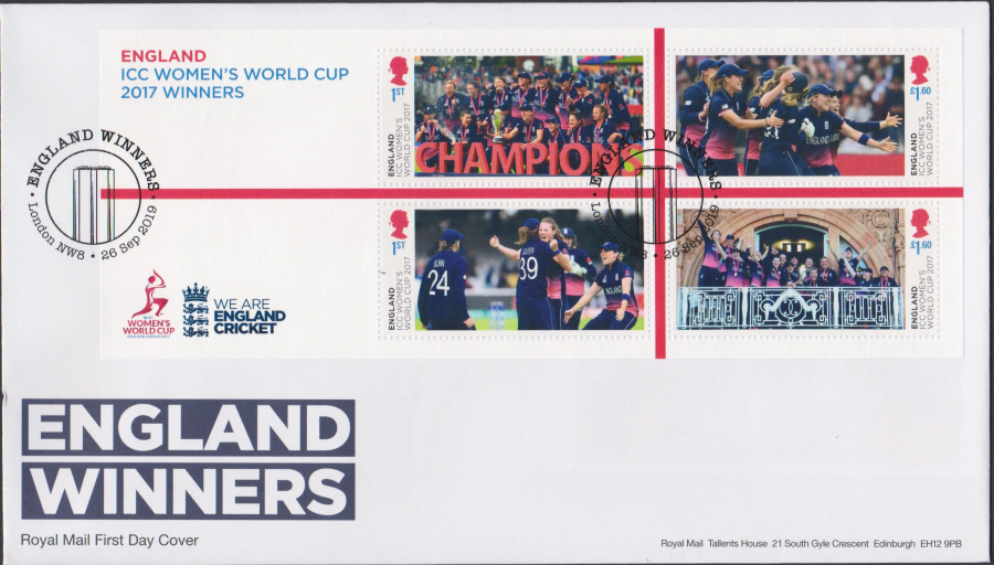 2019 MS FDC England Winners (ICC Womens Cricket) - NW8 (Wicket) - Post Free Postmark