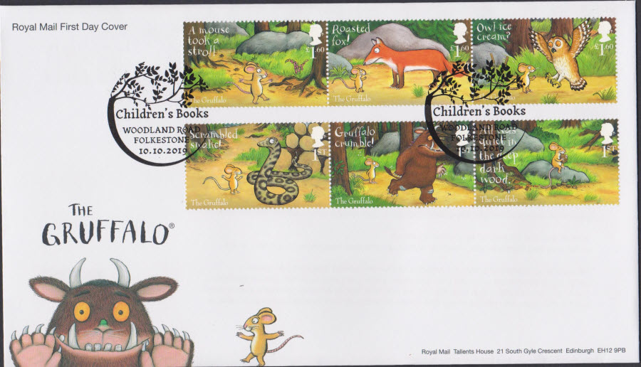 2019 FDC -Royal Mail Gruffalo Set FDC Children's Books Woodland Road Folkestone Postmark
