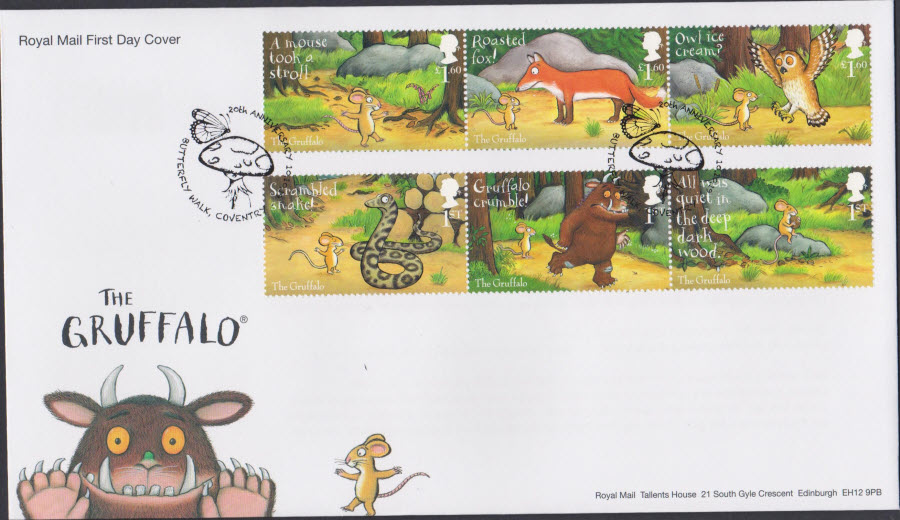 2019 FDC -Royal Mail Gruffalo Set FDC Butterfly Walk, Coventry Postmark