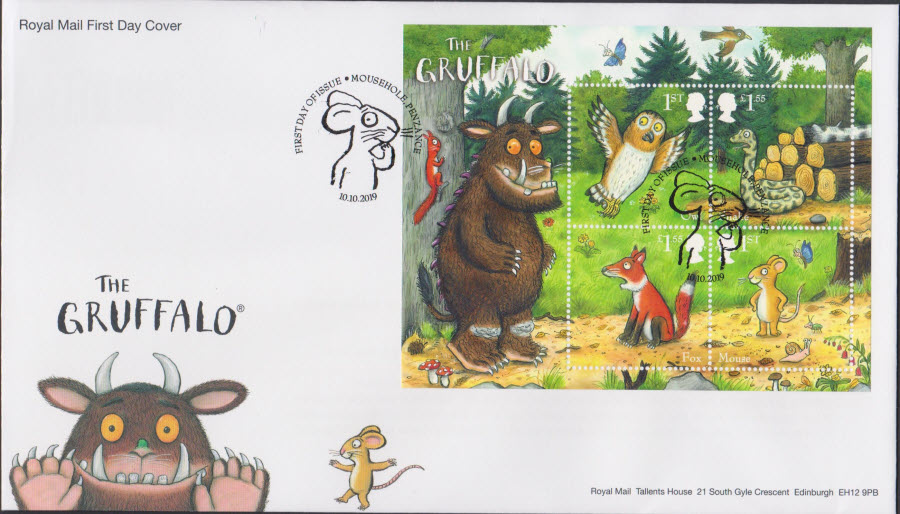 2019 Royal Mail FDC - Gruffalo Mini Sheet- F D I Mousehole, Penzance Postmark